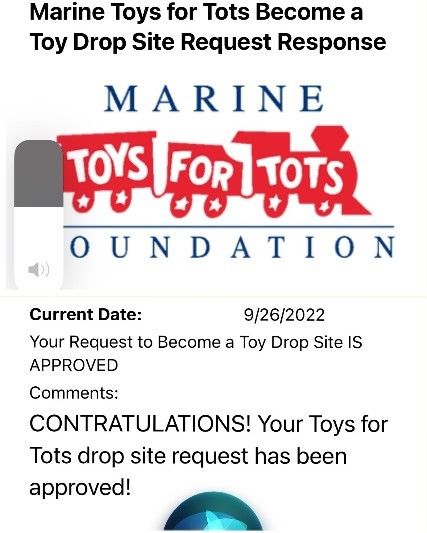 The email approving our request for Toys 4 Tots bins